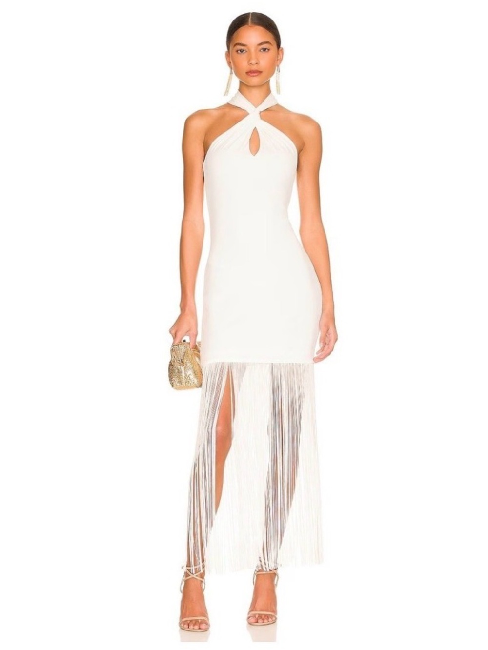 Alice + Olivia Steph Twist Neck White Fringe Halter Midi Dress Size 10 NWT